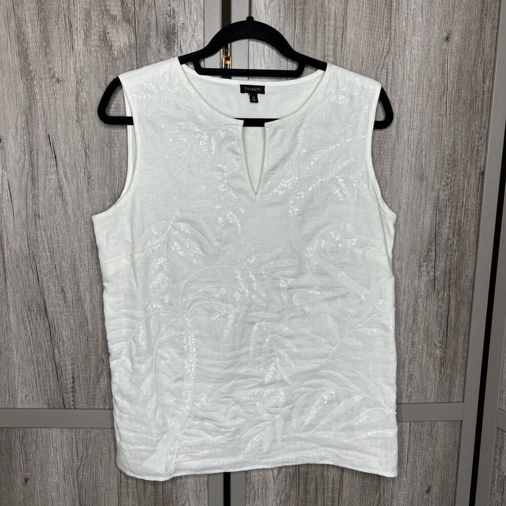 Talbots Sleeveless Top Linen Sequins Tropical Size Zip White Color Sz 10